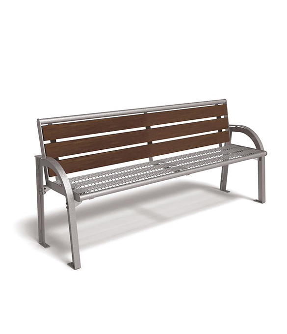 stella bench, metal bench, wooden back