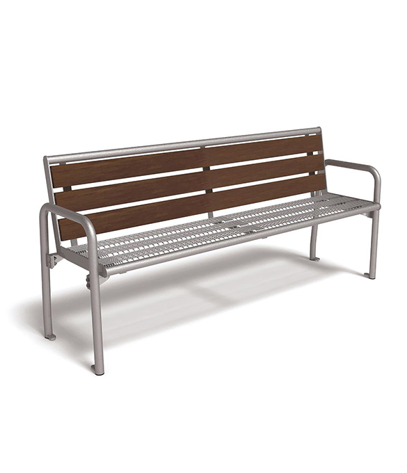 stella bench, metal back, wooden seat
